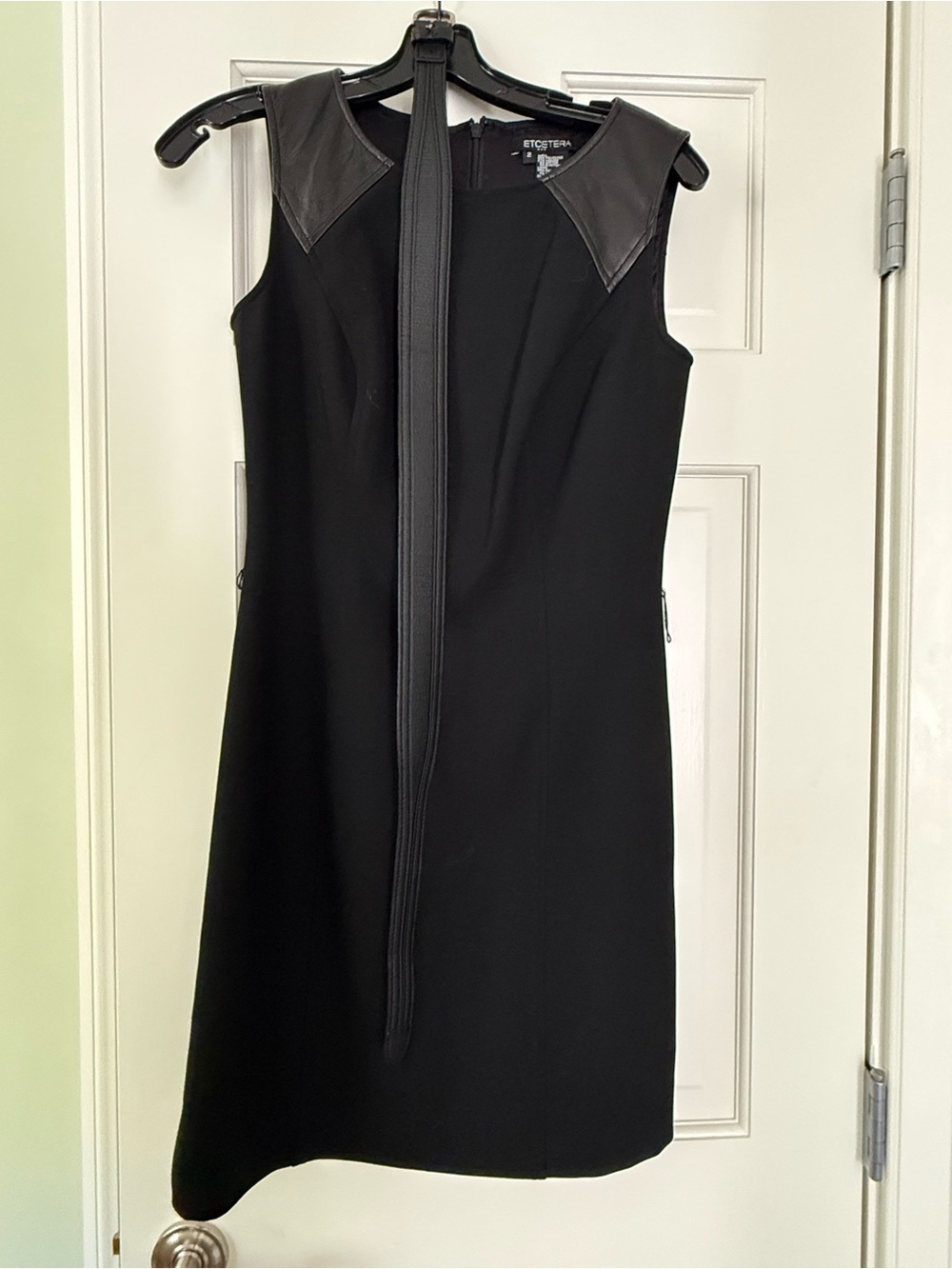 Etcetera Black Midi Sheath Dress with Leather-Trim Shoulders